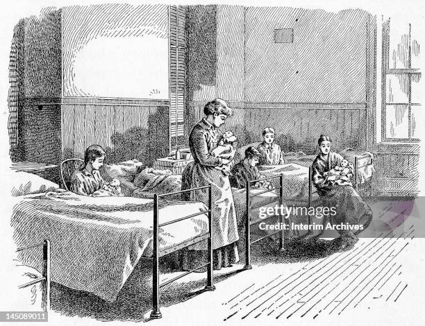 View of husbandless mothers holding their fatherless children in the charity hospital, Blackwell's Island , late nineteenth century. Illustration...