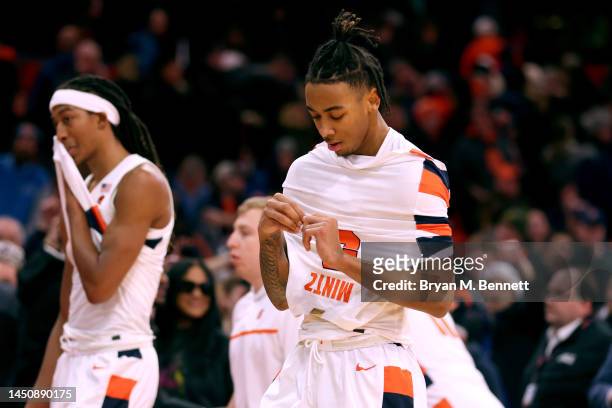 Judah Mintz of the Syracuse Orange reacts after a game against the Pittsburgh Panthers at JMA Wireless Dome on December 20, 2022 in Syracuse, New...