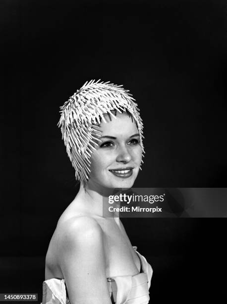 Model Vyvyan Dunbar wearing a bathing hat. Circa 1963.