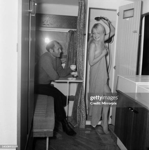 Model Jill Sadler, of IIford, tries out the shower in a West End hotel. November 1969.