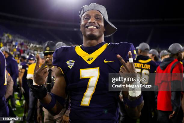 Zachary Ford of the Toledo Rockets celebrates on the field after defeating the Liberty Flames 21-19 in the RoofClaim.com Boca Raton Bowl game at FAU...