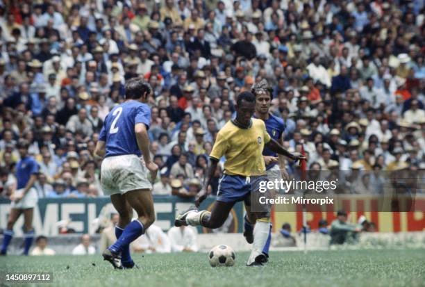 World Cup Final at the Azteca Stadium, Mexico City. Brazil versus Italy . Brazilian forward Pele on the ball faced by Italian defender Tarcisio...