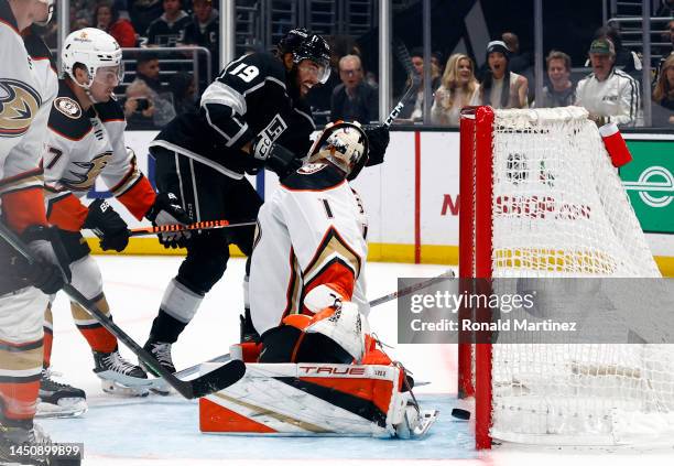 Alex Iafallo of the Los Angeles Kings after scoring a goal against Lukas Dostal of the Anaheim Ducks in the second period at Crypto.com Arena on...