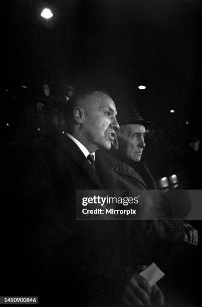 Liverpool manager Bill Shankly watching a reserve game at Anfield between Liverpool Youths and Tranmere Youths. December 1969.