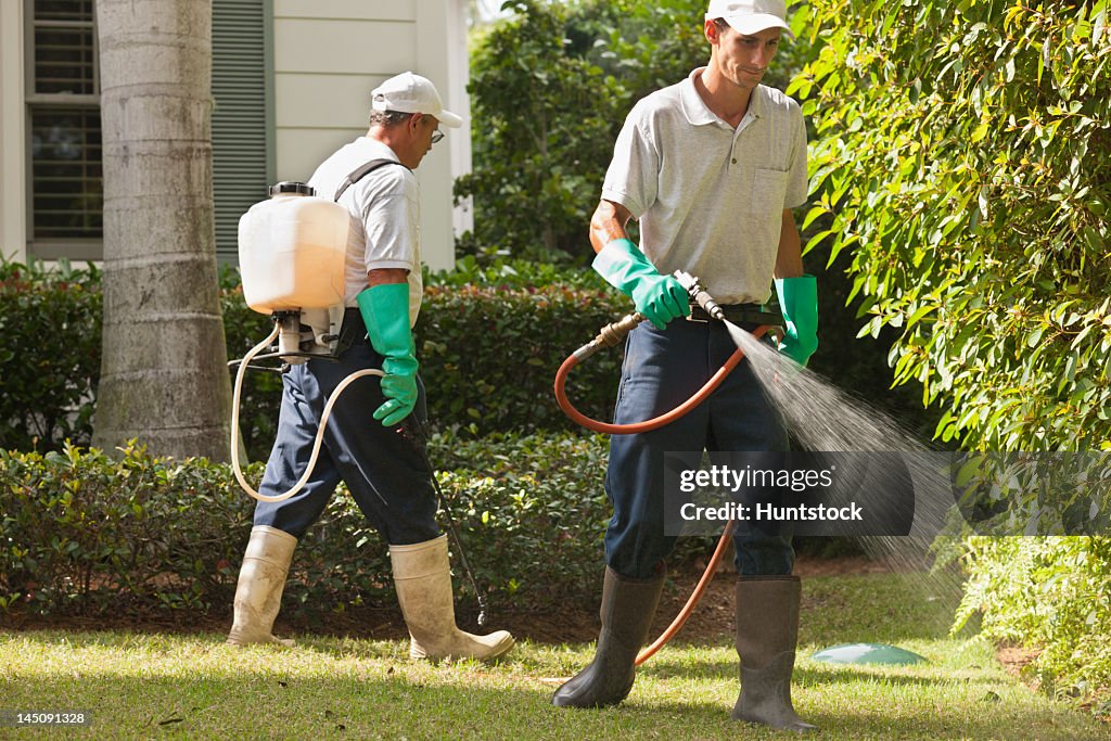 Small Pest Control Rig Pest Control Technicians Using Portable Spray Rig On Tree And Grass ...