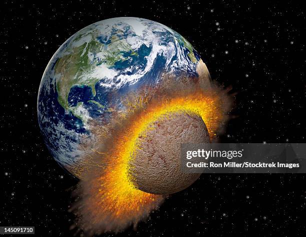earth colliding with a mars-sized planet. - planets colliding stock illustrations