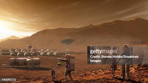future mars colonists playing with children on mars, a place they call home. - vier personen stock-grafiken, -clipart, -cartoons und -symbole