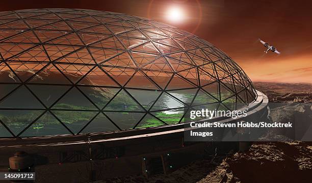 ilustraciones, imágenes clip art, dibujos animados e iconos de stock de futuristic concept of gale crater enclosed in a protective dome to create an ecosphere. - colonia