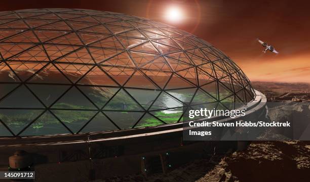 futuristic concept of gale crater enclosed in a protective dome to create an ecosphere. - architectural dome stock illustrations