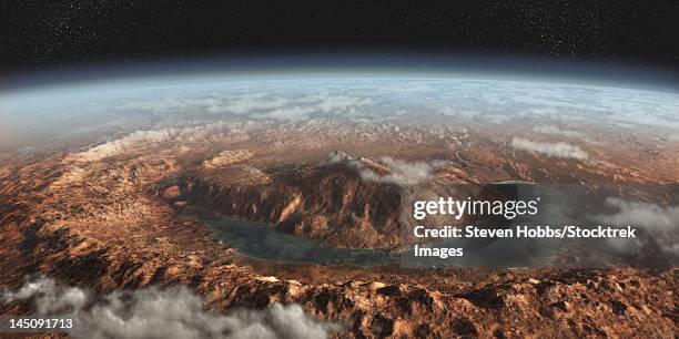 artist's concept showing a lake of liquid water around gale crater on mars. - eroded stock illustrations
