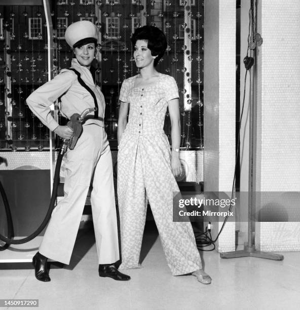 Cavendish Hotel in Mayfair, Dupont showed Teddy Tinling designed career clothes for the 70's. Penny Carter as a garage attendant showing a...