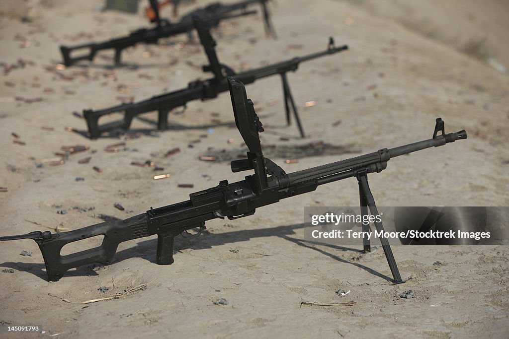 PK 7.62 mm general-purpose machine guns stand ready on a firing range in Kunduz, Afghanistan.