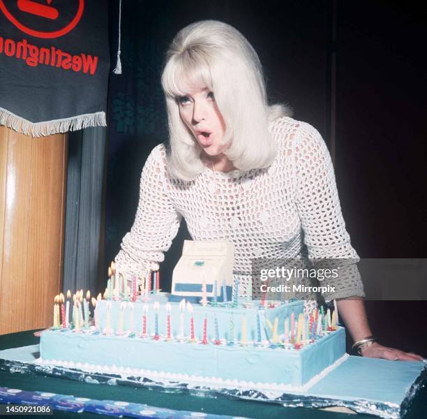 British actress Diana Dors at reception for Drycleanomat coin operated dry cleaning shops.