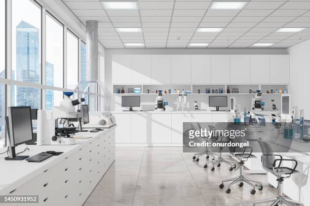 science laboratory with microscopes, computers and laboratory equipments - onderzoeksfaciliteit stockfoto's en -beelden