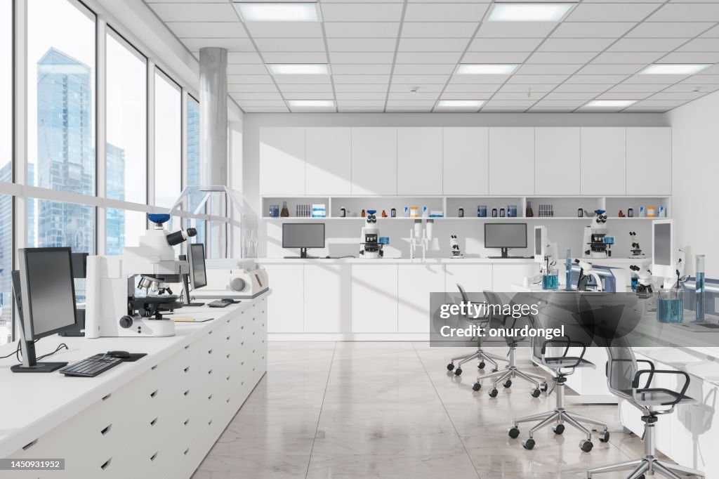 Science Laboratory With Microscopes, Computers And Laboratory Equipments