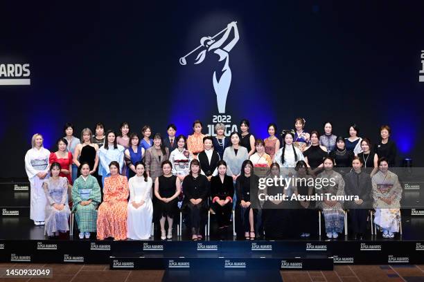 Players pose during the JLPGA Awards on December 21, 2022 in Tokyo, Japan.