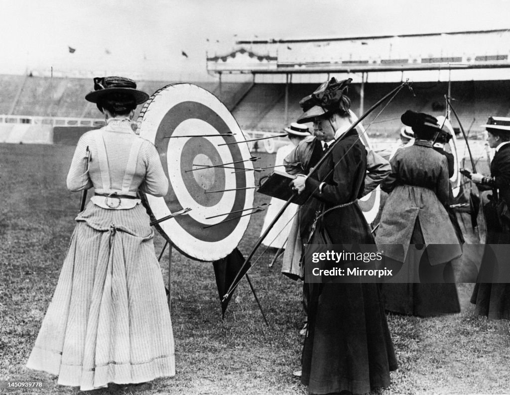 Ladies competing in an archery contest at the Olympic stadium in London 1908