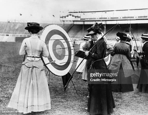 Ladies competing in an archery contest at the Olympic stadium in London 1908.