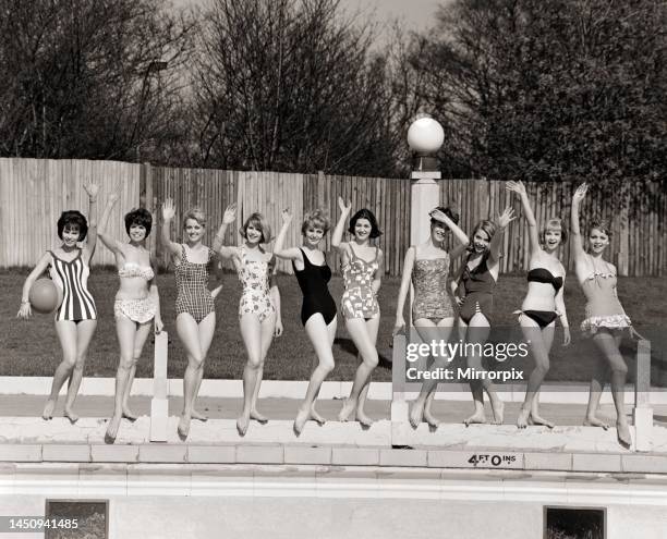 No Drop of Water. Top ten in the hit parade of sunshine fashions - models pictured wearing the latest in swimwear that will be seen on the beaches...