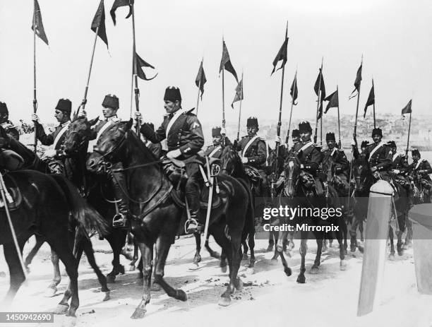 Turkish Cavalry in Constantinople riding towards the front in the 1912 Balkans War. October 1912.