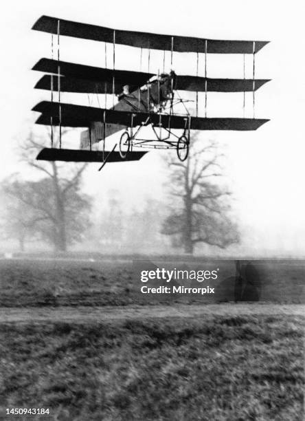 Roe, one of the early pioneers of British aviation, test flying the second Roe 1 Triplane at Wembley Park in January 1910. Fitted with a 20hp J. A....