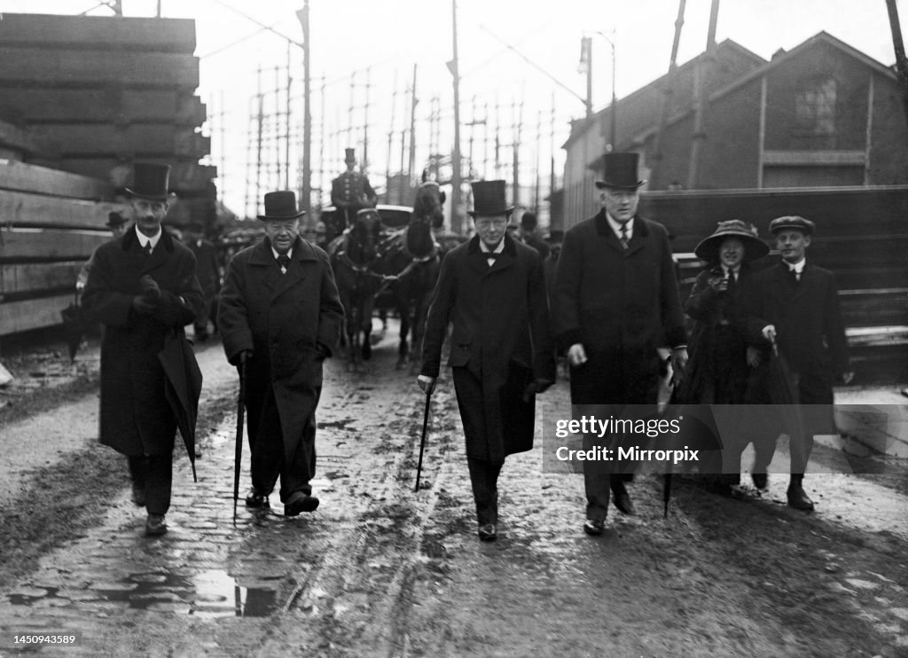 Winston Churchill as first Lord of the Admiralty with Lord Fisher of Kelverstone for the launch of HMS Centurion at Devonport dockyard November 1911