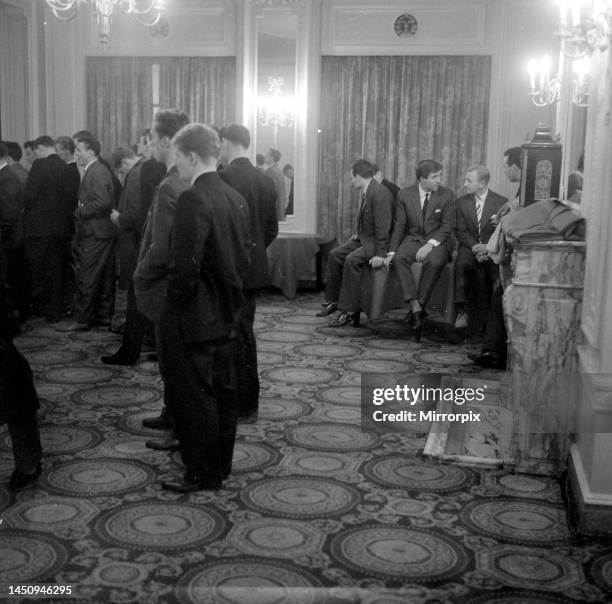 Footballers meet in a London Hotel to discuss the threaten strike action. The players whose maximum salary for a 1st division player is £20 per week...