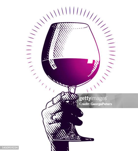 ilustraciones, imágenes clip art, dibujos animados e iconos de stock de mano agarrando una copa de vino tinto - malbec