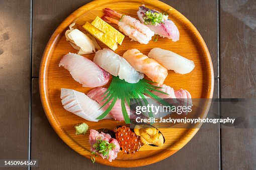 High angle view of sushi served on table High angle view of sushi served on table