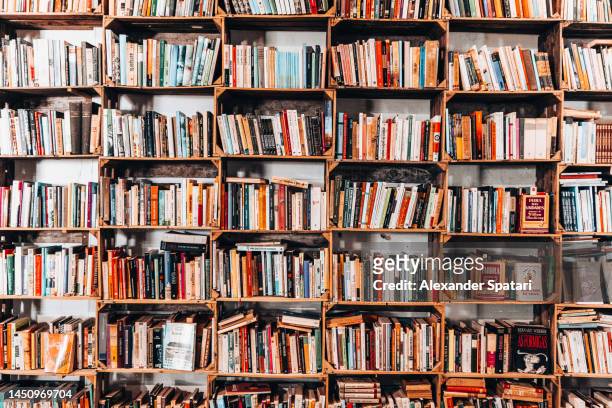books on the shelves in a bookstore - literature fotografías e imágenes de stock