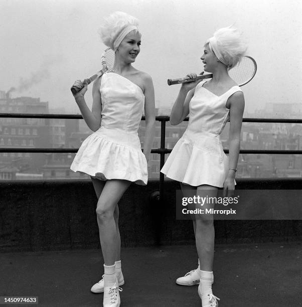 Jacqueline Perrin wearing a tennis outfit made out of the new material Terylene - a fabric that allows you to produce circular embroidery that goes...