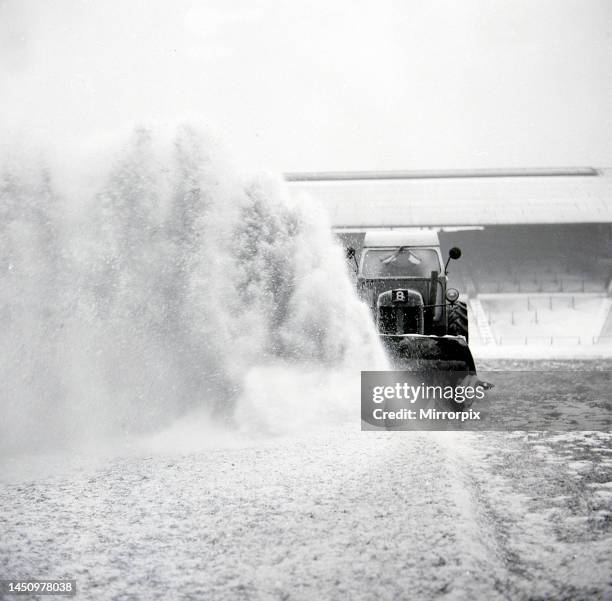 Birmingham grounds staff seen here clearing snow from the pitch at St Andrews. January 1963.