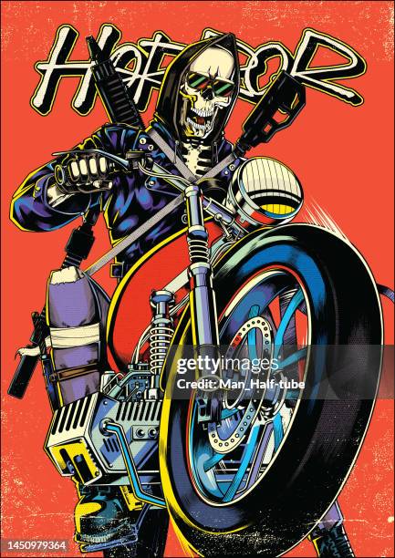 ilustraciones, imágenes clip art, dibujos animados e iconos de stock de póster de motociclista - heavy metal