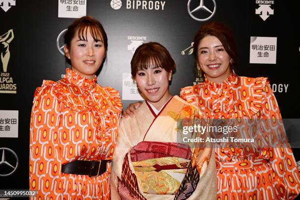Miyu Shinkai of Japan, Ayako Kimura of Japan anf Kotone Hori of Japan smile during the JLPGA Awards on December 21, 2022 in Tokyo, Japan.