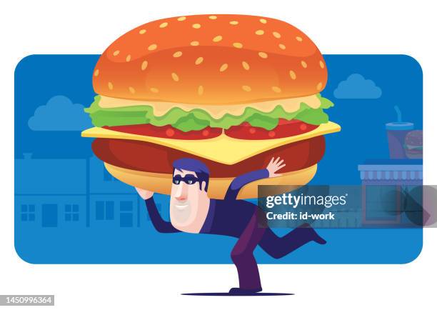 thief carrying hamburger and running away - man ready to eat stock illustrations