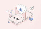 Email Spam messages concept. Irrelevant unsolicited malicious software, spam distribution, malware spreading virus, scam, fraud e-mail message with envelope flat design outline isometric illustration