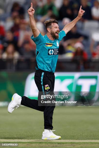 Michael Neser of the Heat celebrates the wicket of Jonathan Wells of the Renegades during the Men's Big Bash League match between the Melbourne...