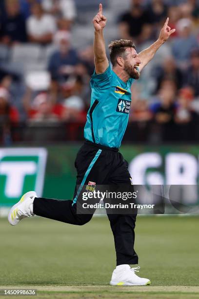 Michael Neser of the Heat celebrates the wicket of Jonathan Wells of the Renegades during the Men's Big Bash League match between the Melbourne...