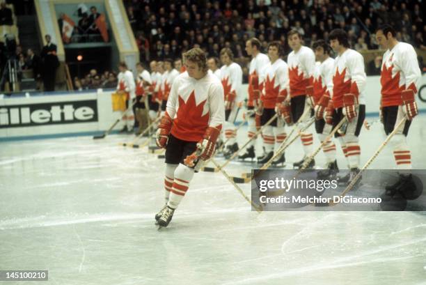 Bobby Clarke of Canada is introduced before Game 5 of the 1972 Summit Series against the Soviet Union on September 22, 1972 at the Luzhniki Ice...