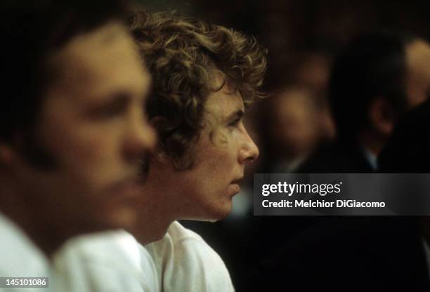 Bobby Clarke of Canada looks on from the bench during the game against the Soviet Union during the 1972 Summit Series in September, 1972 at the...