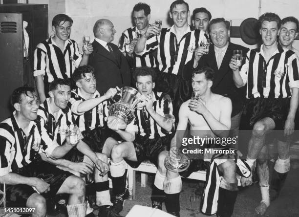 The Newcastle team in their dressing room at Wembley celebrate their one nil victory over Arsenal in the FA Cup Final. May 1952Dressing-room...