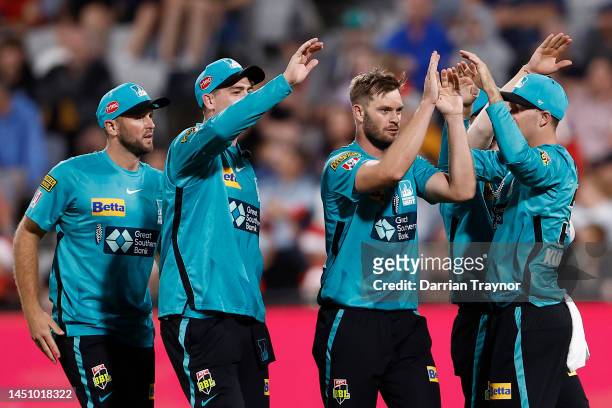 Mark Steketee of the Brisbane Heat celebrates the wicket of mrarduring the Men's Big Bash League match between the Melbourne Renegades and the...