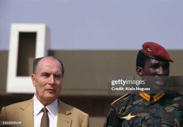 French President Francois Mitterrand received by Thomas Sankara, President of Burkina Faso, on November 17, 1986 in Ouagadougou, Burkina Faso.