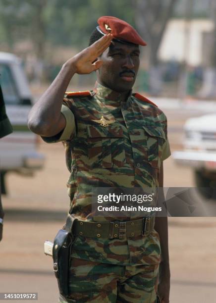 Thomas Sankara, President of Burkina Faso, during the visit of French President Francois Mitterrand on November 17, 1986 in Ouagadougou, Burkina Faso.