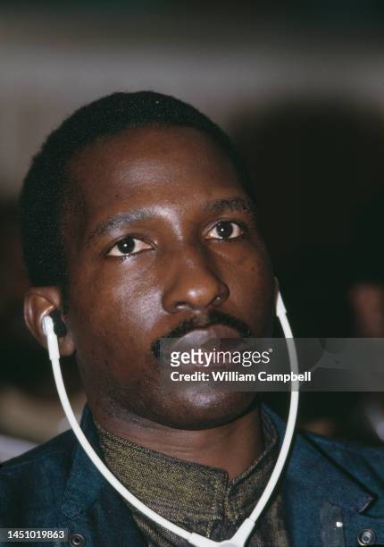 Portrait de Thomas Sankara, président de Burkina Faso à une conférence de l’O.U.A à Addis-Abeba en Ethiopie le 27 juillet 1987.