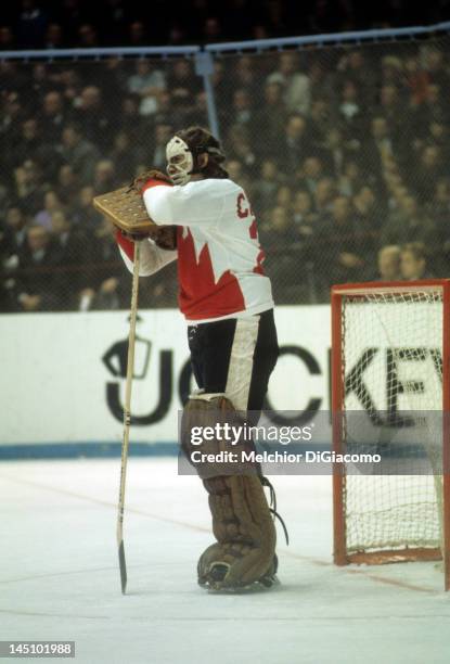 Goalie Ken Dryden of Canada rests during the game against the Soviet Union in the 1972 Summit Series in September, 1972 at the Luzhniki Ice Palace in...