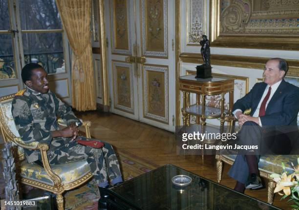 Thomas Sankara and Francois Mitterrand at the Elysee Palace on February 5th, 1986 in Paris,France .