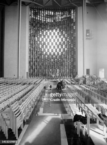 Craftsmen put the finishing touches to the new Coventry Cathedral which stands alongside the old Cathedral which was destroyed in the war. Circa 1962.