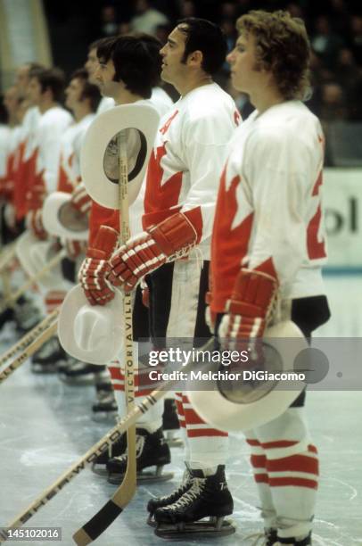 Frank Mahovlich and Bobby Clarke of Canada stands on the ice before the game against the Soviet Union in the 1972 Summit Series on September 22, 1972...