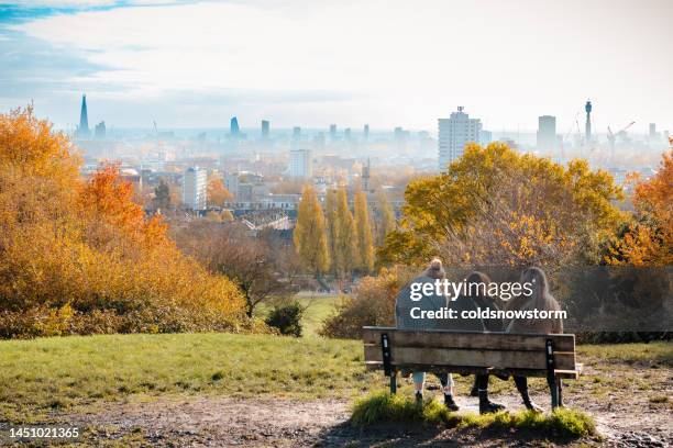 mulheres sentadas no banco do parque olhando para o horizonte da cidade de londres de hampstead heath - hampstead heath - fotografias e filmes do acervo